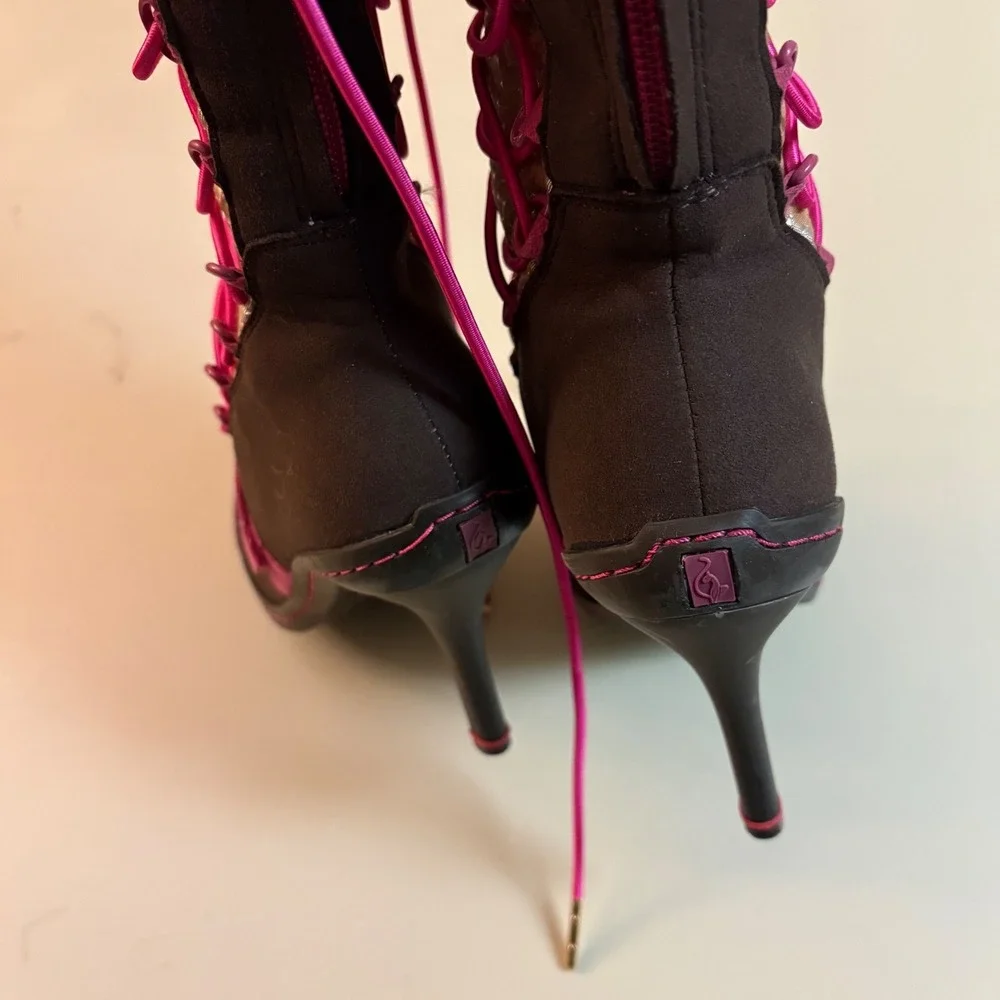Y2K Rare Baby Phat Grail Faux Fur Stiletto Boots Pink Lace Up Knee High Vintage